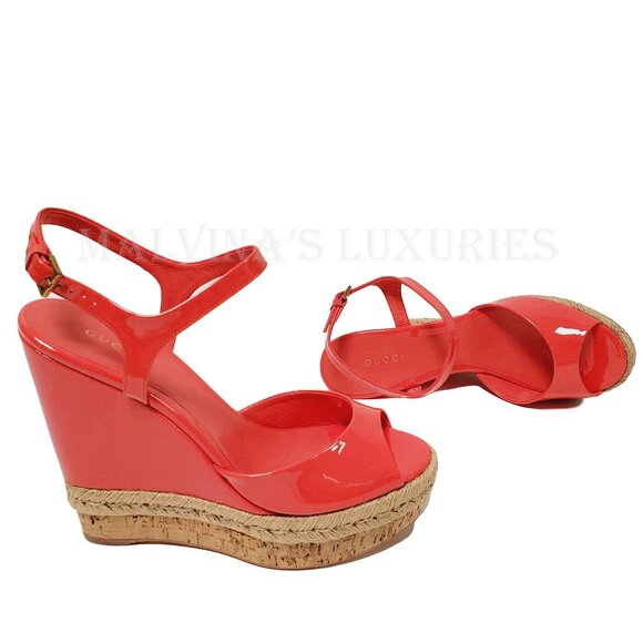 GUCCI SHOES HOLLIE PATENT LEATHER PLATFORM WEDGE ESPADRILLE SANDAL PINK 38.5 8.5 - Picture 7 of 12